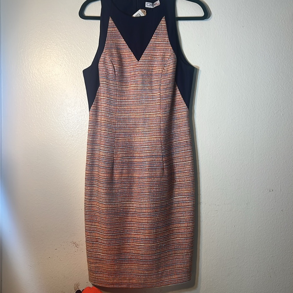 NWT David Peck Crop Woven Tweed Orange Turquoise Navy Fitted Dress Medium 6